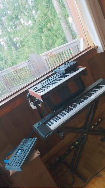 Synths, keyboard and sampler setup in front of a window giving into the forest